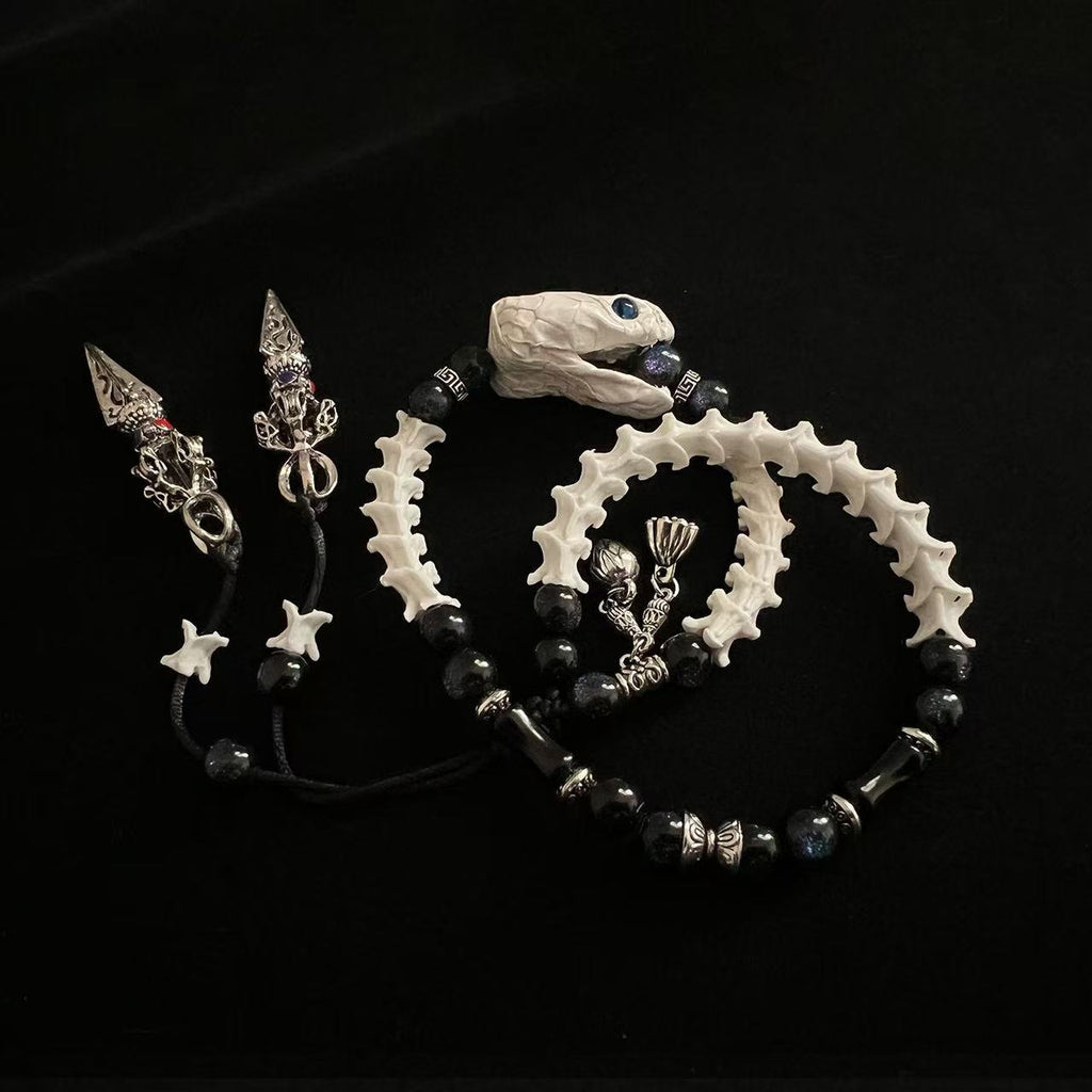 Real Snake Bone Double-Coil Bracelet — Blue-Eye White Serpent, Black Obsidian & Twin Tibetan Kila Charms | Dark Celestial