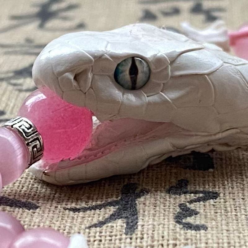 Real White Snake Bone Bracelet — Lifelike Snake Head, Natural Gemstones & Silk Tassel | Chinese Mythology Jewelry