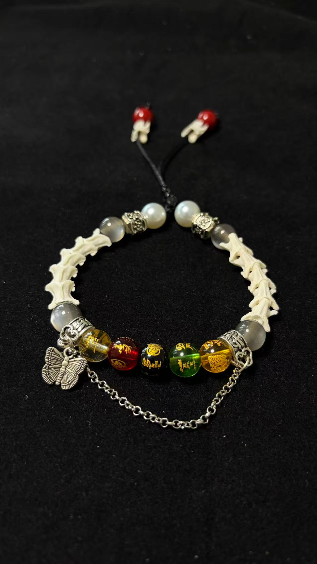Real Snake Bone Bracelet – Five Wealth Gods Engraved Crystal Beads, Pearl & Silver Butterfly Charm | Tibetan Fortune Jewelry