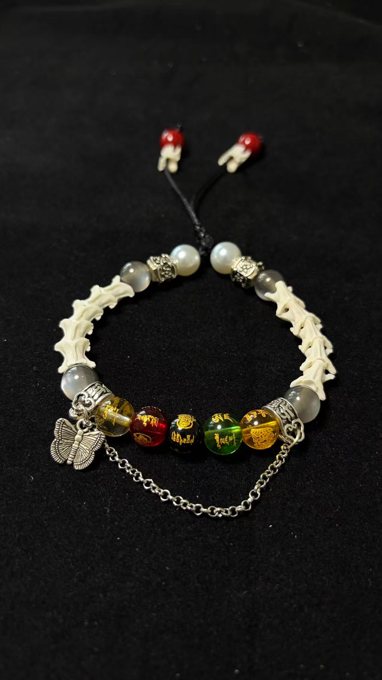 Real Snake Bone Bracelet – Five Wealth Gods Engraved Crystal Beads, Pearl & Silver Butterfly Charm | Tibetan Fortune Jewelry