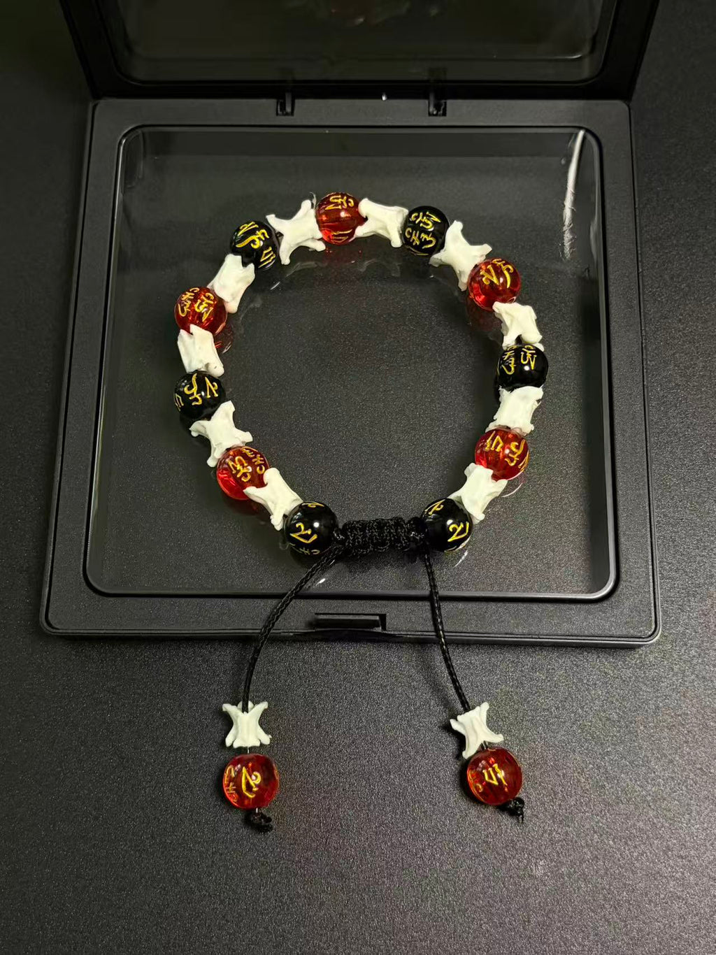 Real Snake Bone Bracelet – Om Mani Padme Hum Gold Mantra Beads, Red Crystal & Black Onyx | Tibetan Six-Word Prayer