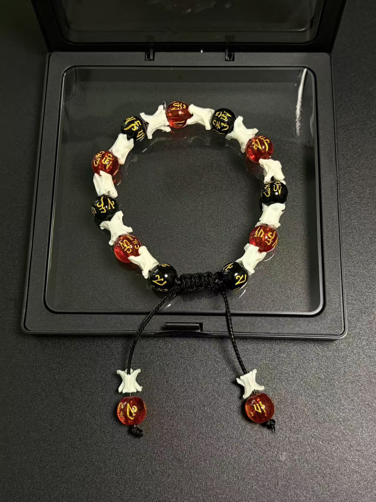 Real Snake Bone Bracelet – Om Mani Padme Hum Gold Mantra Beads, Red Crystal & Black Onyx | Tibetan Six-Word Prayer