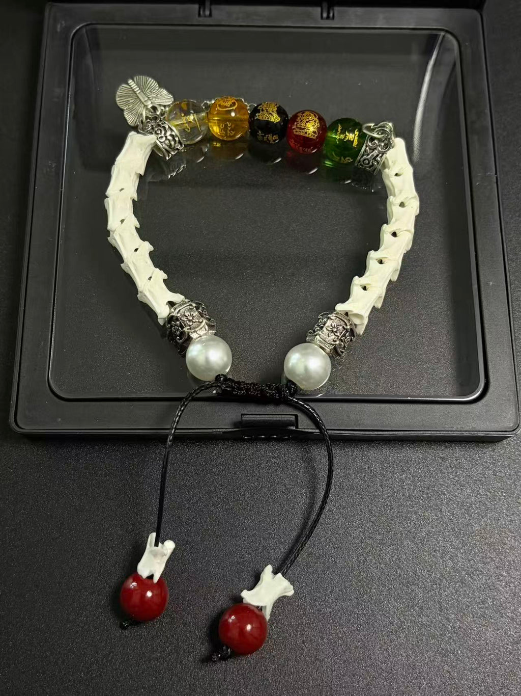 Real Snake Bone Bracelet – Five Wealth Gods Engraved Crystal Beads, Pearl & Silver Butterfly Charm | Tibetan Fortune Jewelry