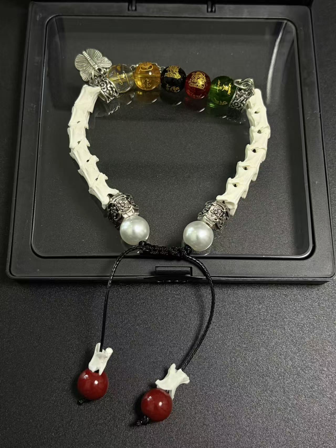 Real Snake Bone Bracelet – Five Wealth Gods Engraved Crystal Beads, Pearl & Silver Butterfly Charm | Tibetan Fortune Jewelry