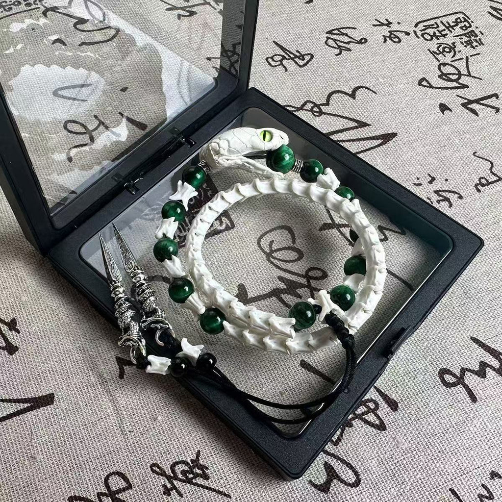 Real Snake Bone Ouroboros Bracelet — Snake Head Clasp, Natural Gemstones & Sword Charm | 3 Colors