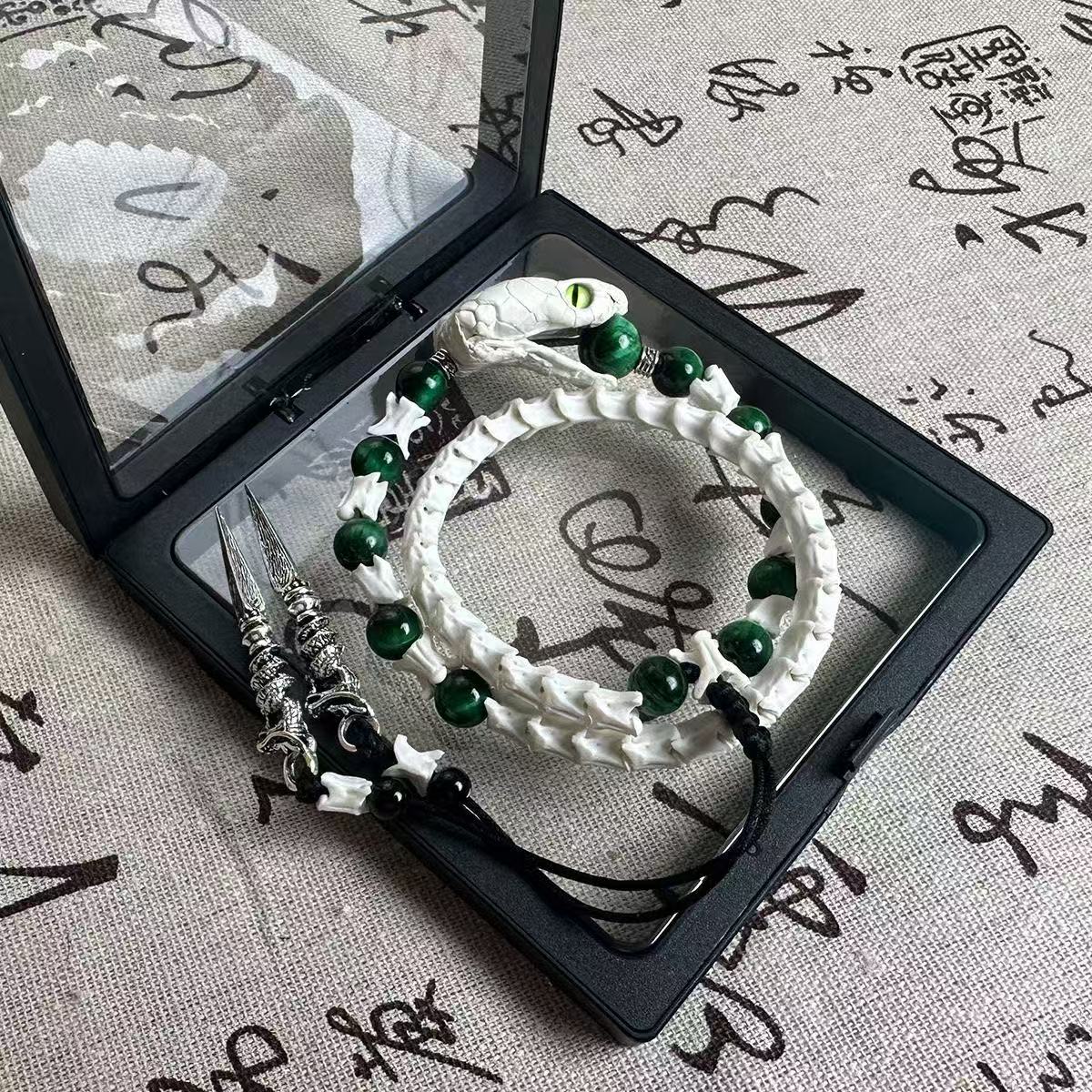 Real Snake Bone Ouroboros Bracelet — Snake Head Clasp, Natural Gemstones & Sword Charm | 3 Colors