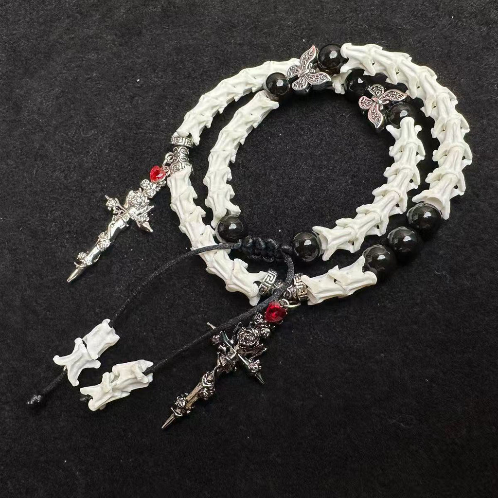 Real Snake Bone Bracelet — Black Obsidian, Butterfly Spacers & Rose Sword Charm | Dark Romance Gothic Jewelry