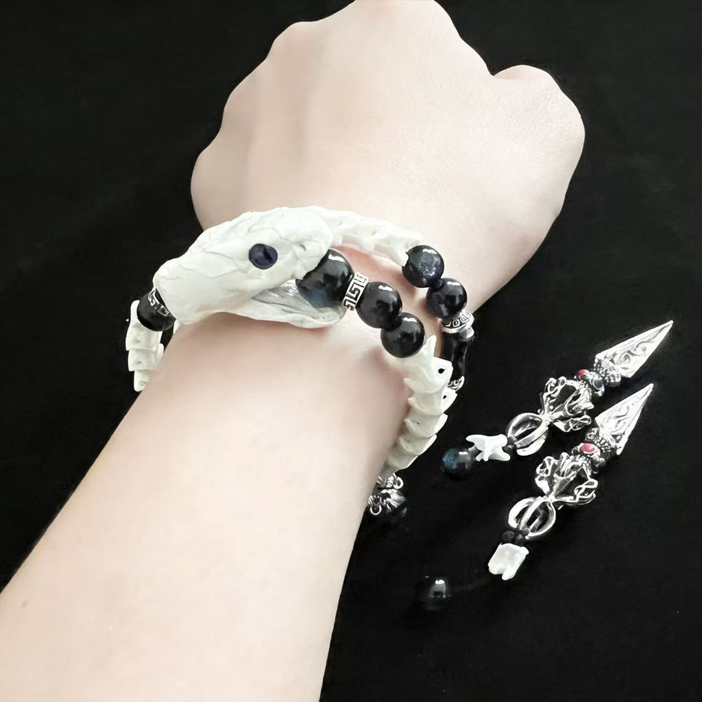 Real Snake Bone Double-Coil Bracelet — Blue-Eye White Serpent, Black Obsidian & Twin Tibetan Kila Charms | Dark Celestial