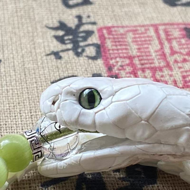 Real White Snake Bone Bracelet — Lifelike Snake Head, Natural Gemstones & Silk Tassel | Chinese Mythology Jewelry