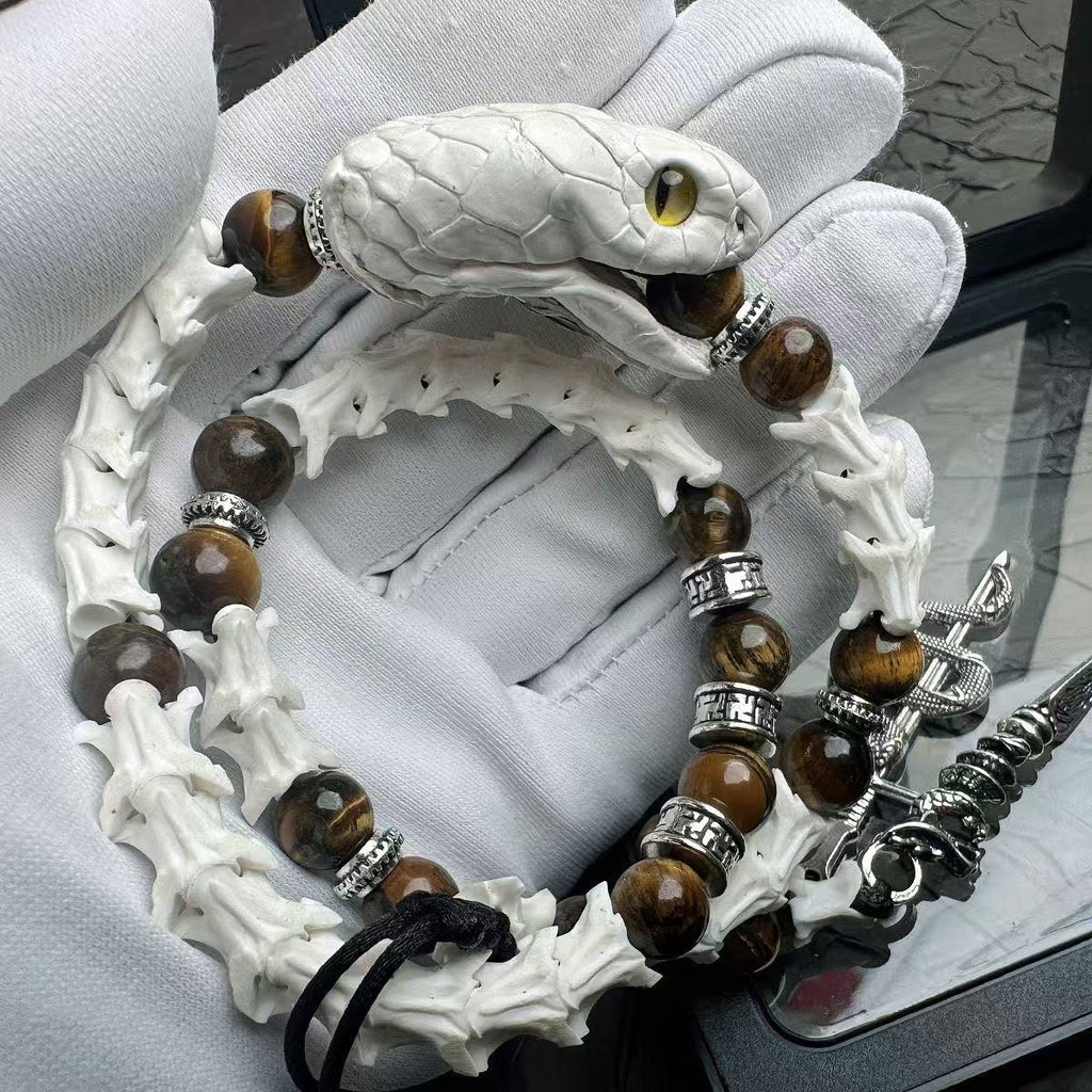 Real Snake Bone Bracelet — Tiger's Eye Beads & Sword Charm | Gothic Tibetan Jewelry