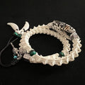 Real Snake Bone Double-Coil Bracelet — Patterned Serpent Head, Malachite & Bone Fang Charms | Shaman Totem