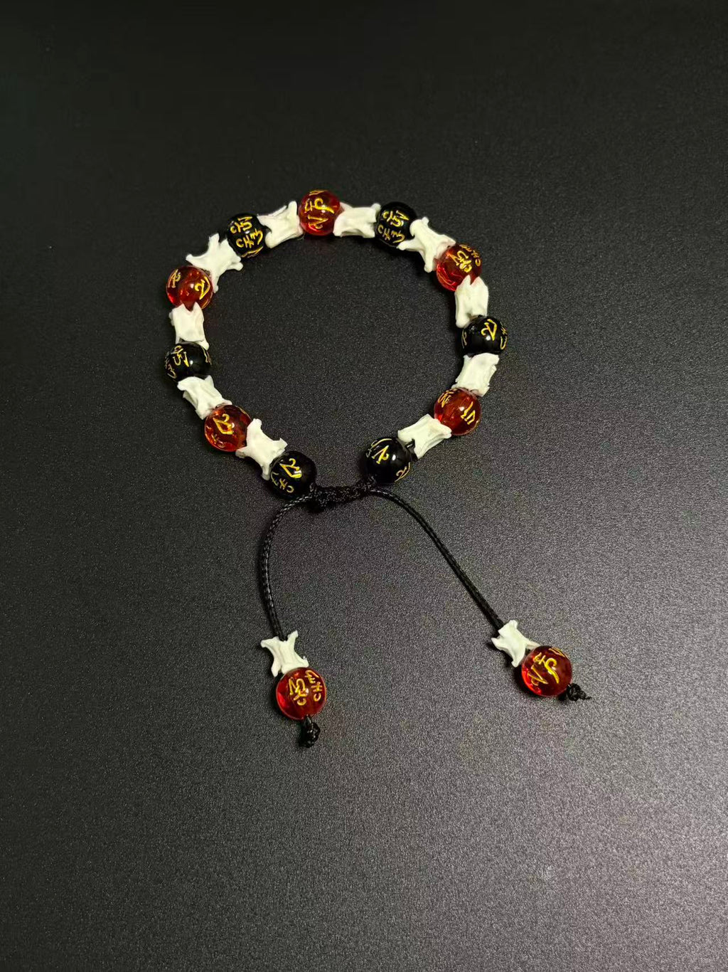 Real Snake Bone Bracelet – Om Mani Padme Hum Gold Mantra Beads, Red Crystal & Black Onyx | Tibetan Six-Word Prayer