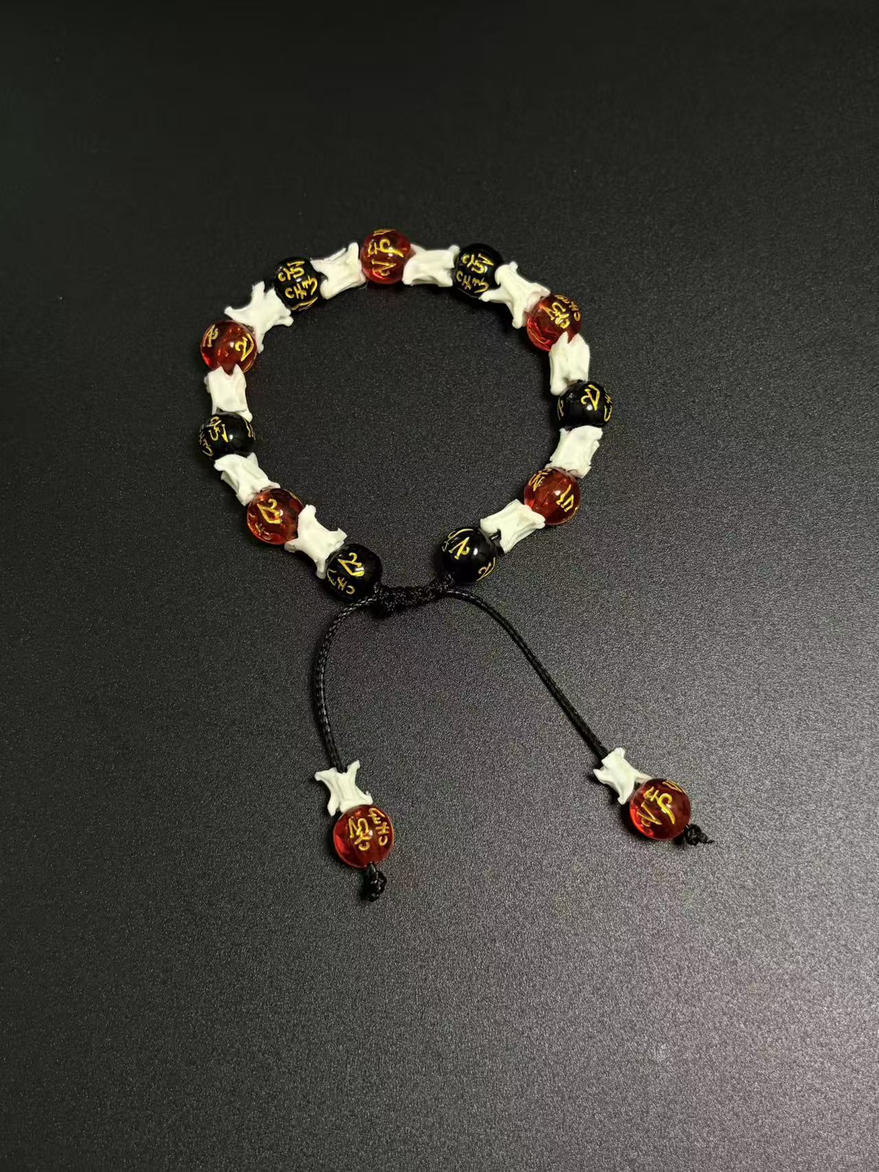Real Snake Bone Bracelet – Om Mani Padme Hum Gold Mantra Beads, Red Crystal & Black Onyx | Tibetan Six-Word Prayer