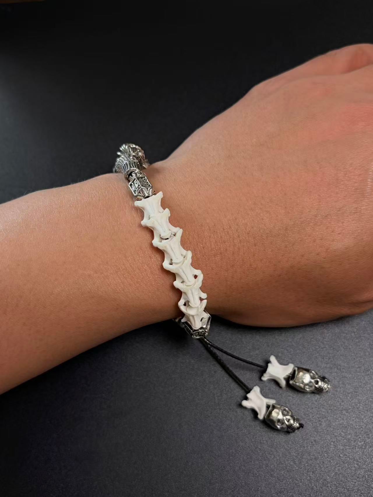 Real Snake Bone Bracelet – Skull Charm, Fish Scale Centerpiece & Bone Bead Gothic Dark Style