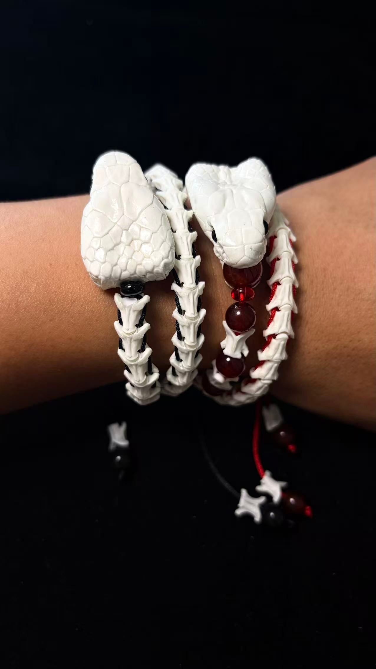 Real Snake Bone Woven Bracelet — Natural Gemstone Beads | Gothic Occult Jewelry