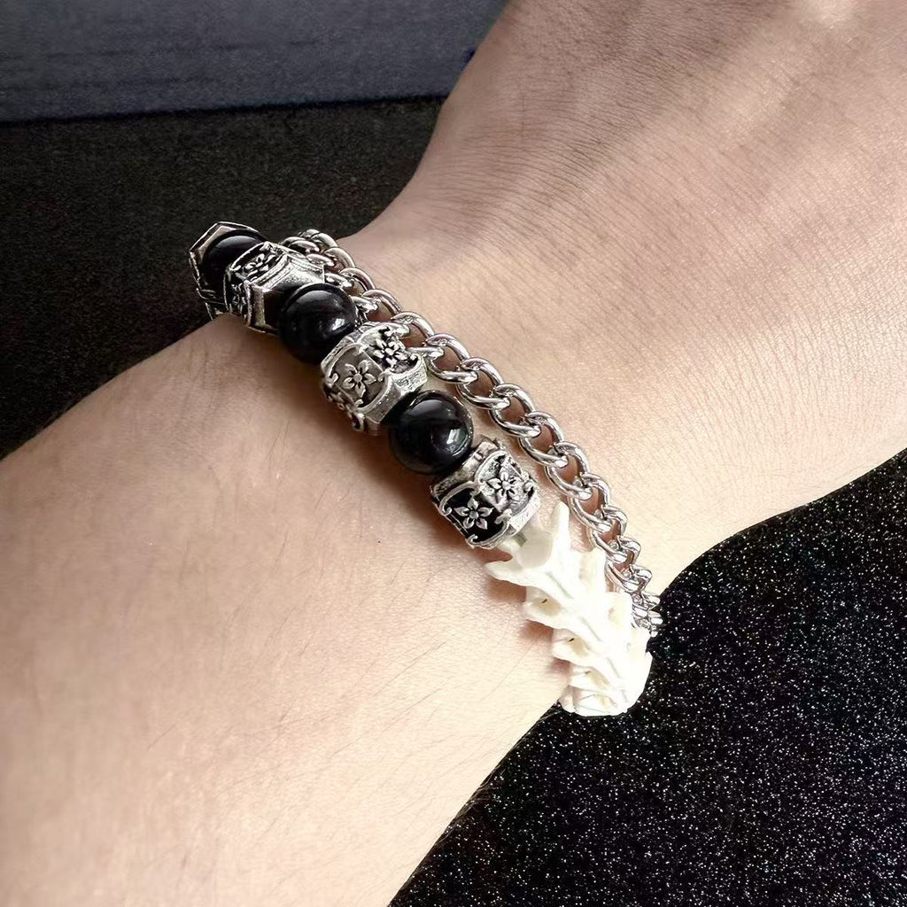 Real Snake Bone & Cuban Chain Bracelet — Natural Gemstone Beads & Vintage Alloy Spacers | Gothic Street Style
