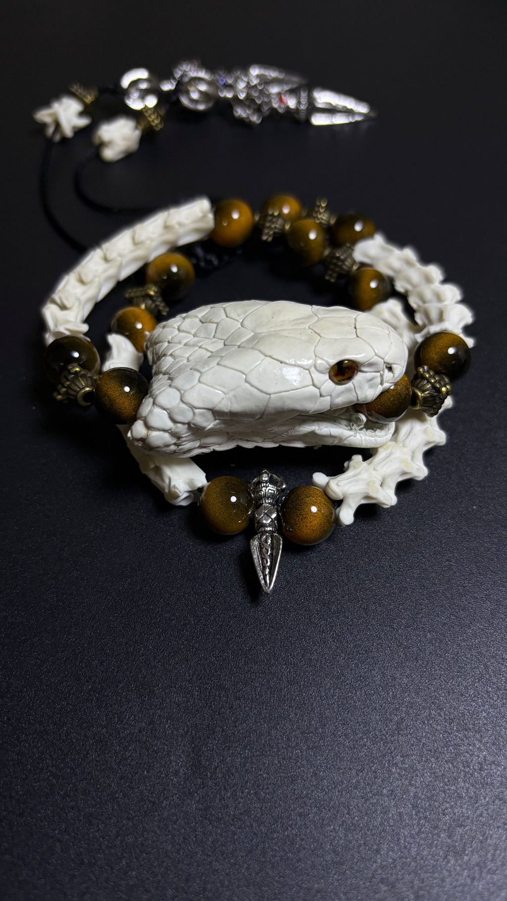 Real Snake Bone Bracelet — Tiger Eye & Tibetan Vajra Charm