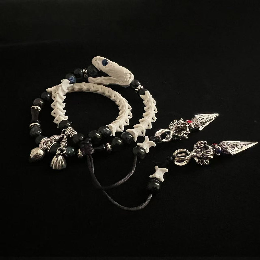 Real Snake Bone Double-Coil Bracelet — Blue-Eye White Serpent, Black Obsidian & Twin Tibetan Kila Charms | Dark Celestial