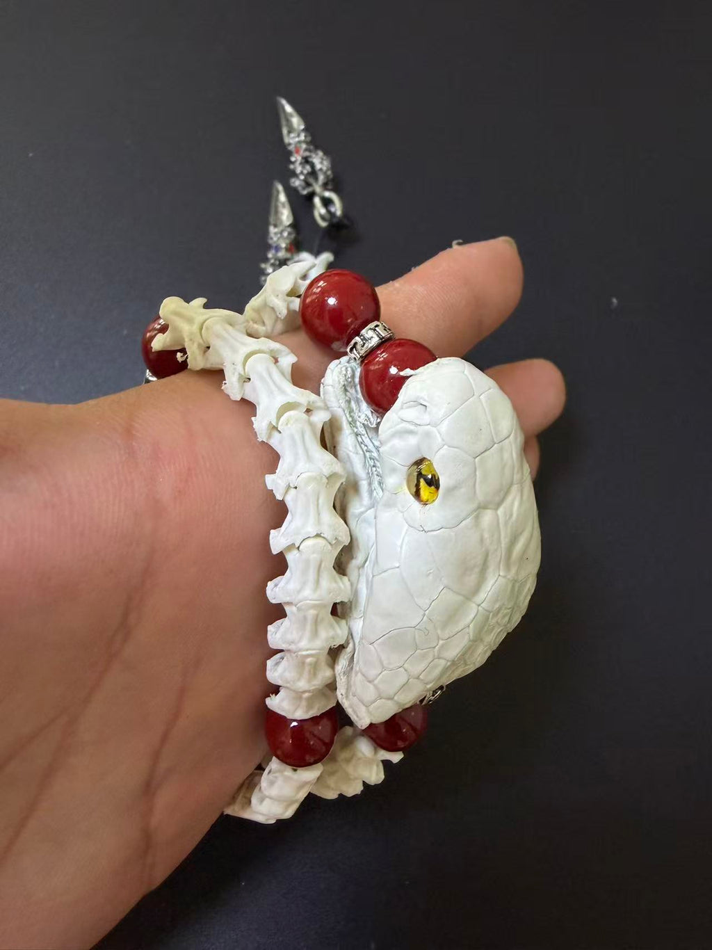 Real Snake Skull & Spine Bracelet – Red Agate, Tibetan Dorje Charms | Gothic Talisman Jewelry