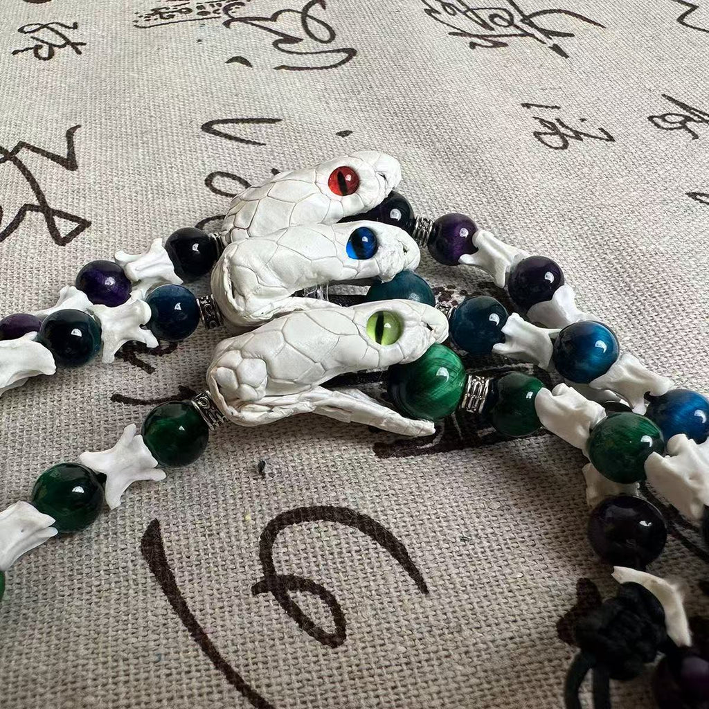 Real Snake Bone Ouroboros Bracelet — Snake Head Clasp, Natural Gemstones & Sword Charm | 3 Colors