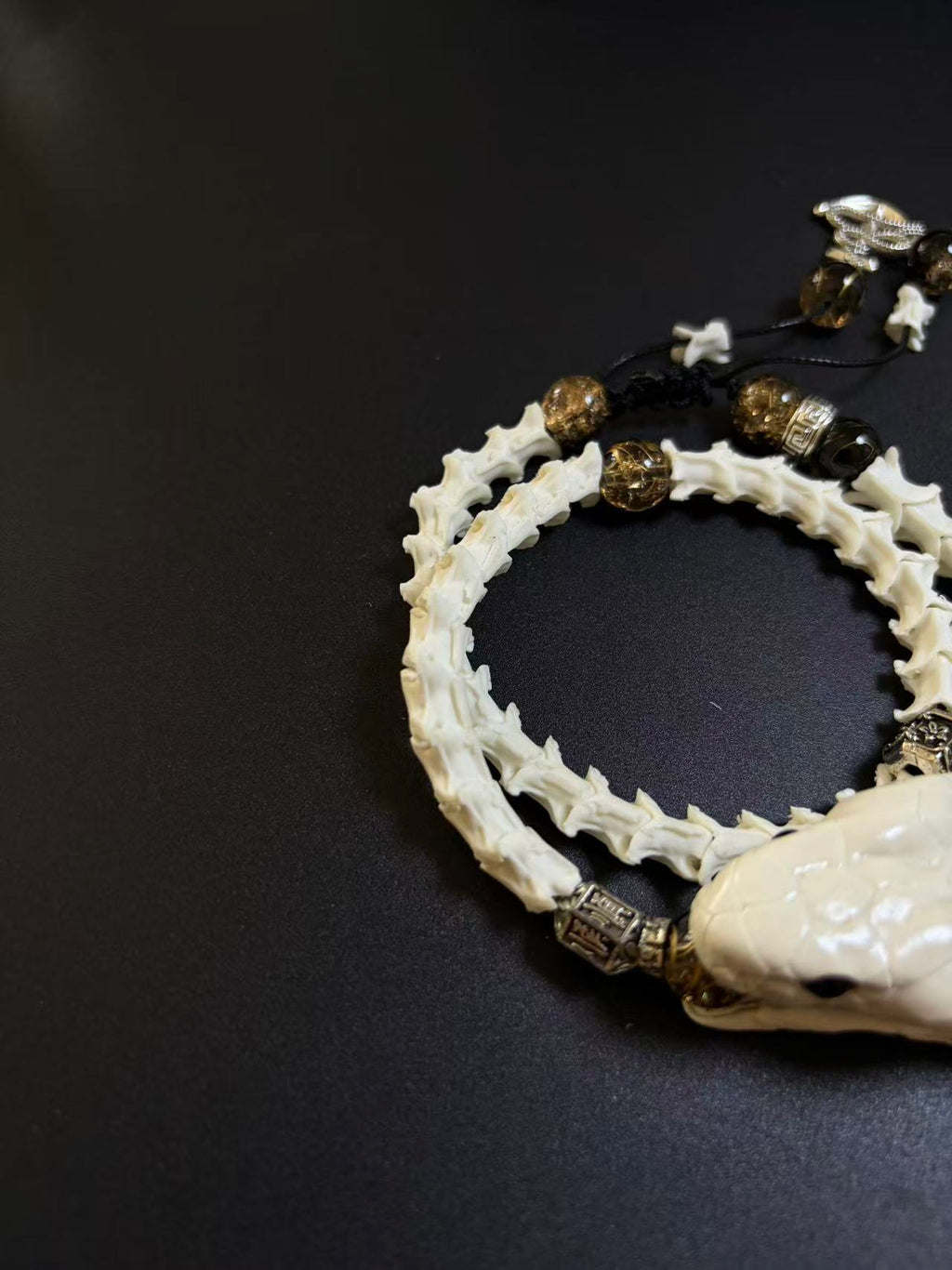 Real Snake Bone Bracelet | Smoky Quartz & Dual Tibetan Charm | Dark Talisman Jewelry