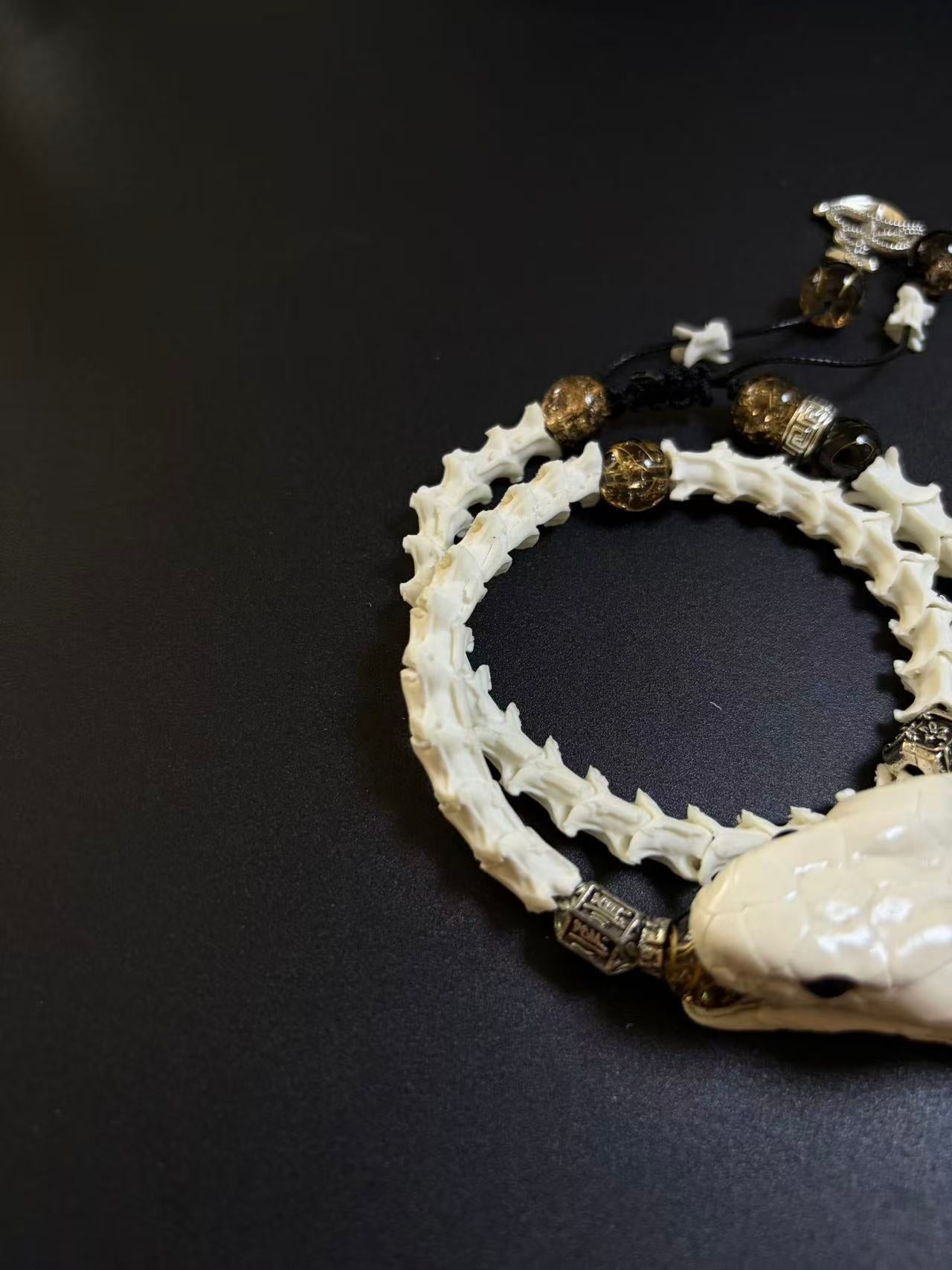 Real Snake Bone Bracelet | Smoky Quartz & Dual Tibetan Charm | Dark Talisman Jewelry