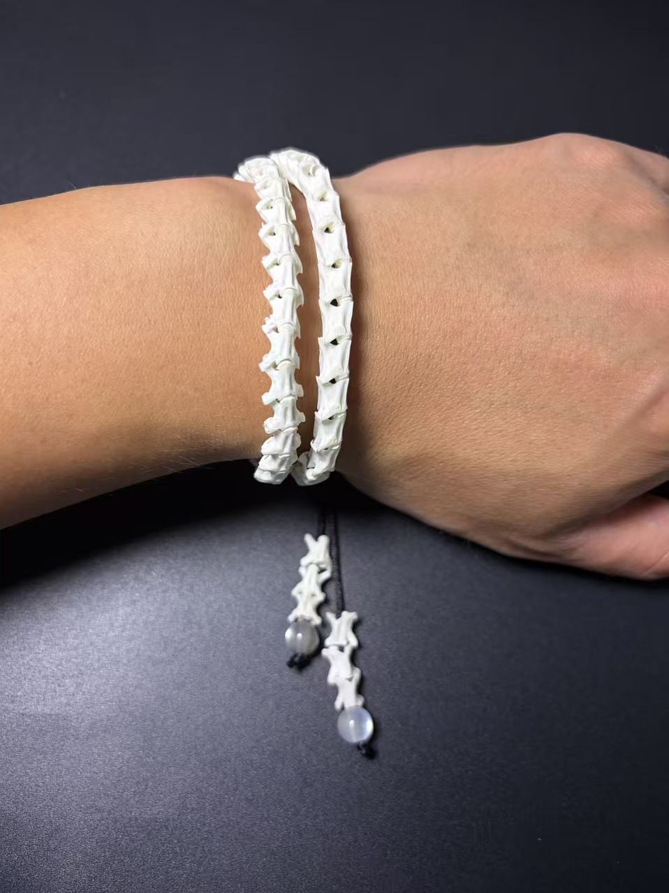Real Snake Bone Wrap Bracelet – Pure Vertebrae Chain, Double Wrap Adjustable | Raw Dark Style