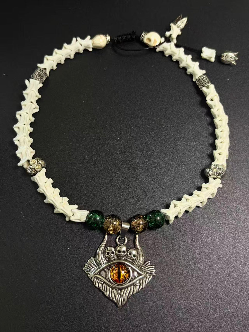 Real Snake Bone Bracelet – Dragon Eye Glass Pendant, Triple Skull Crown, Moss Agate & Gold Glass Beads | Dark Fantasy Gothic