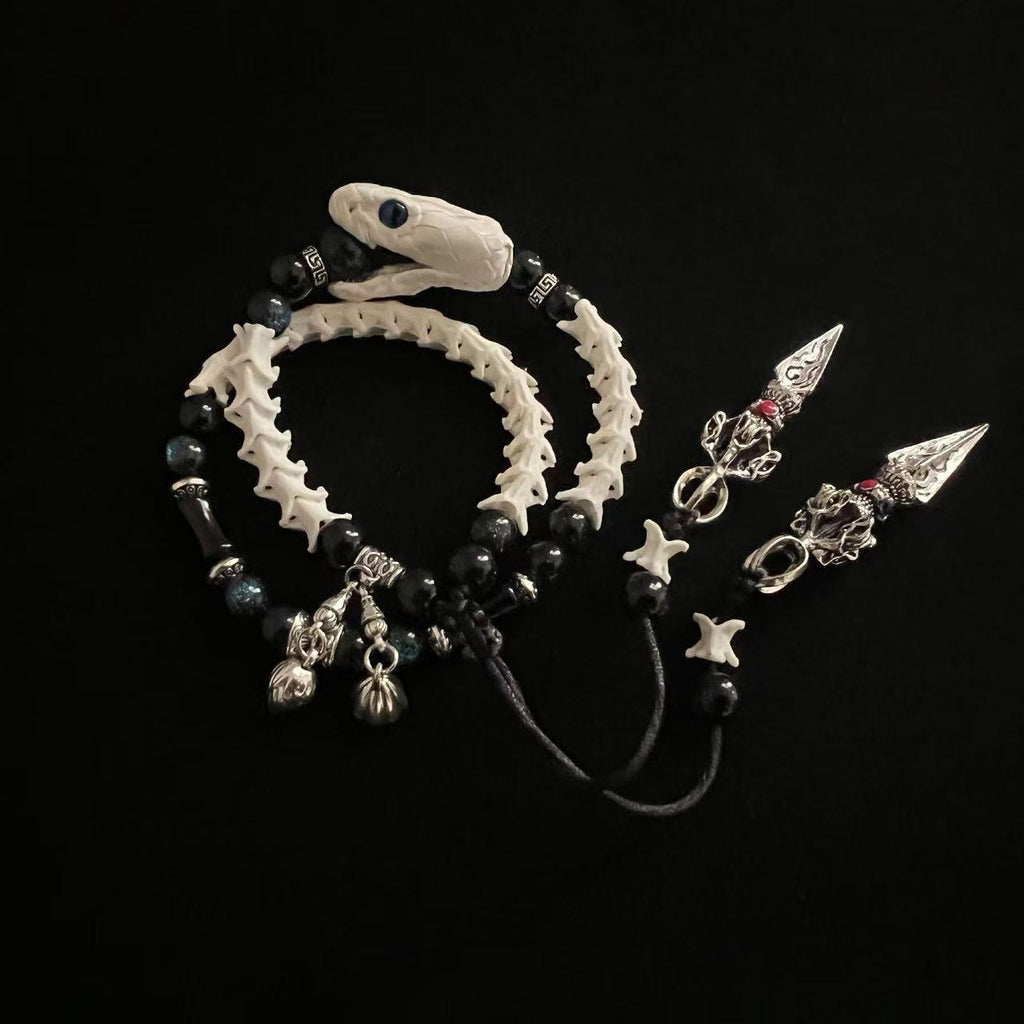 Real Snake Bone Double-Coil Bracelet — Blue-Eye White Serpent, Black Obsidian & Twin Tibetan Kila Charms | Dark Celestial