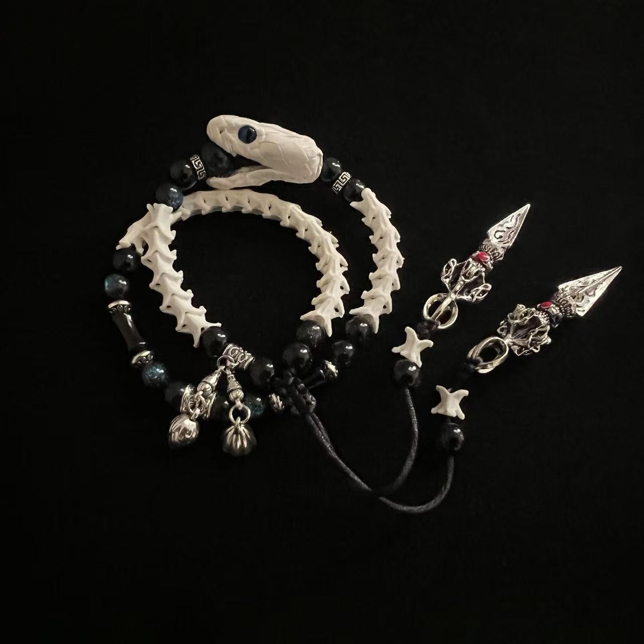 Real Snake Bone Double-Coil Bracelet — Blue-Eye White Serpent, Black Obsidian & Twin Tibetan Kila Charms | Dark Celestial