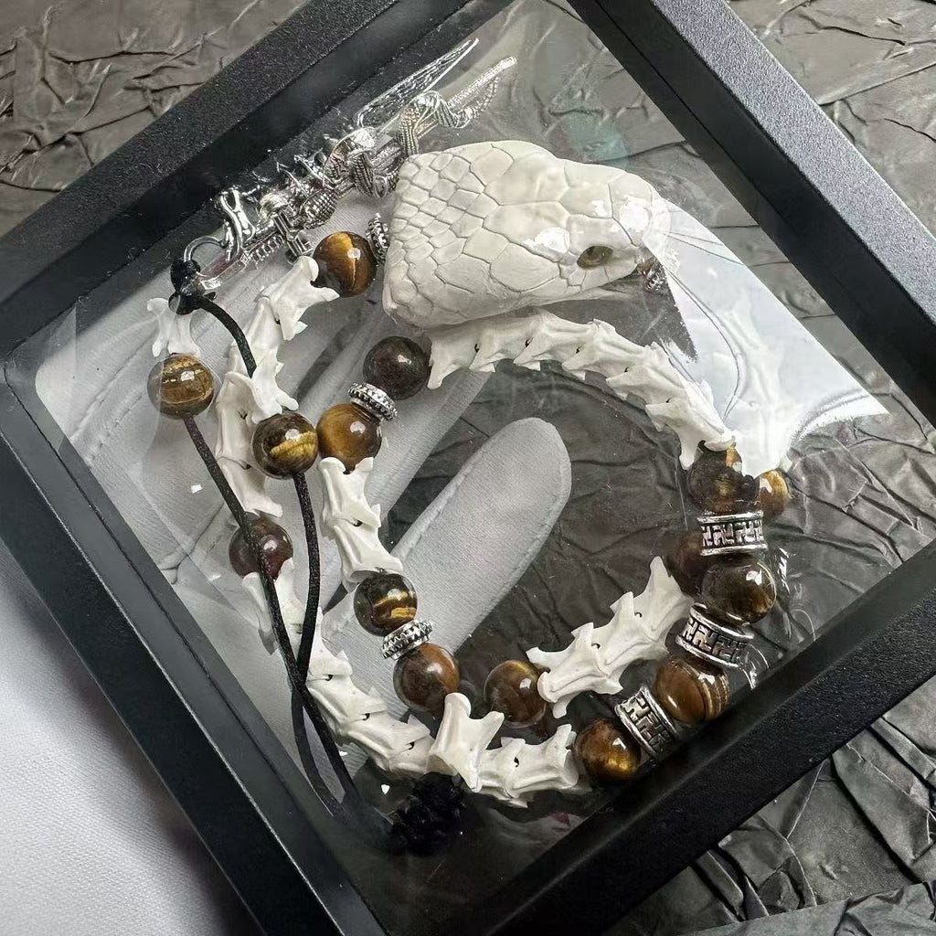 Real Snake Bone Bracelet — Tiger's Eye Beads & Sword Charm | Gothic Tibetan Jewelry
