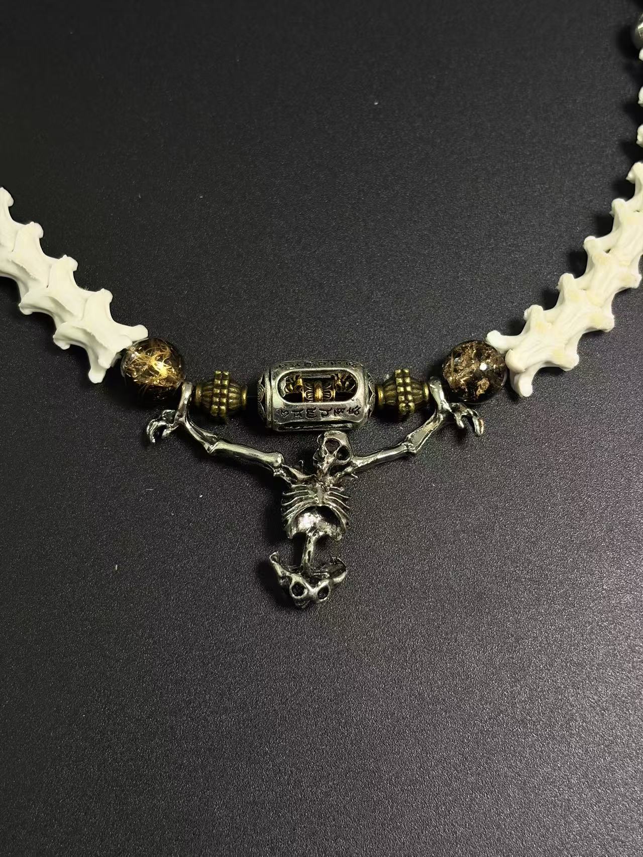 Real Snake Bone Bracelet – Full Skeleton Holding Sanskrit Prayer Cylinder, Blue Cat's Eye & Smoky Quartz | Dark Gothic Masterpiece
