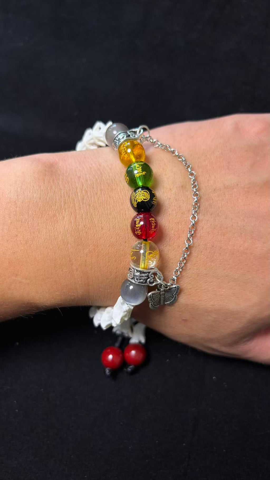 Real Snake Bone Bracelet – Five Wealth Gods Engraved Crystal Beads, Pearl & Silver Butterfly Charm | Tibetan Fortune Jewelry
