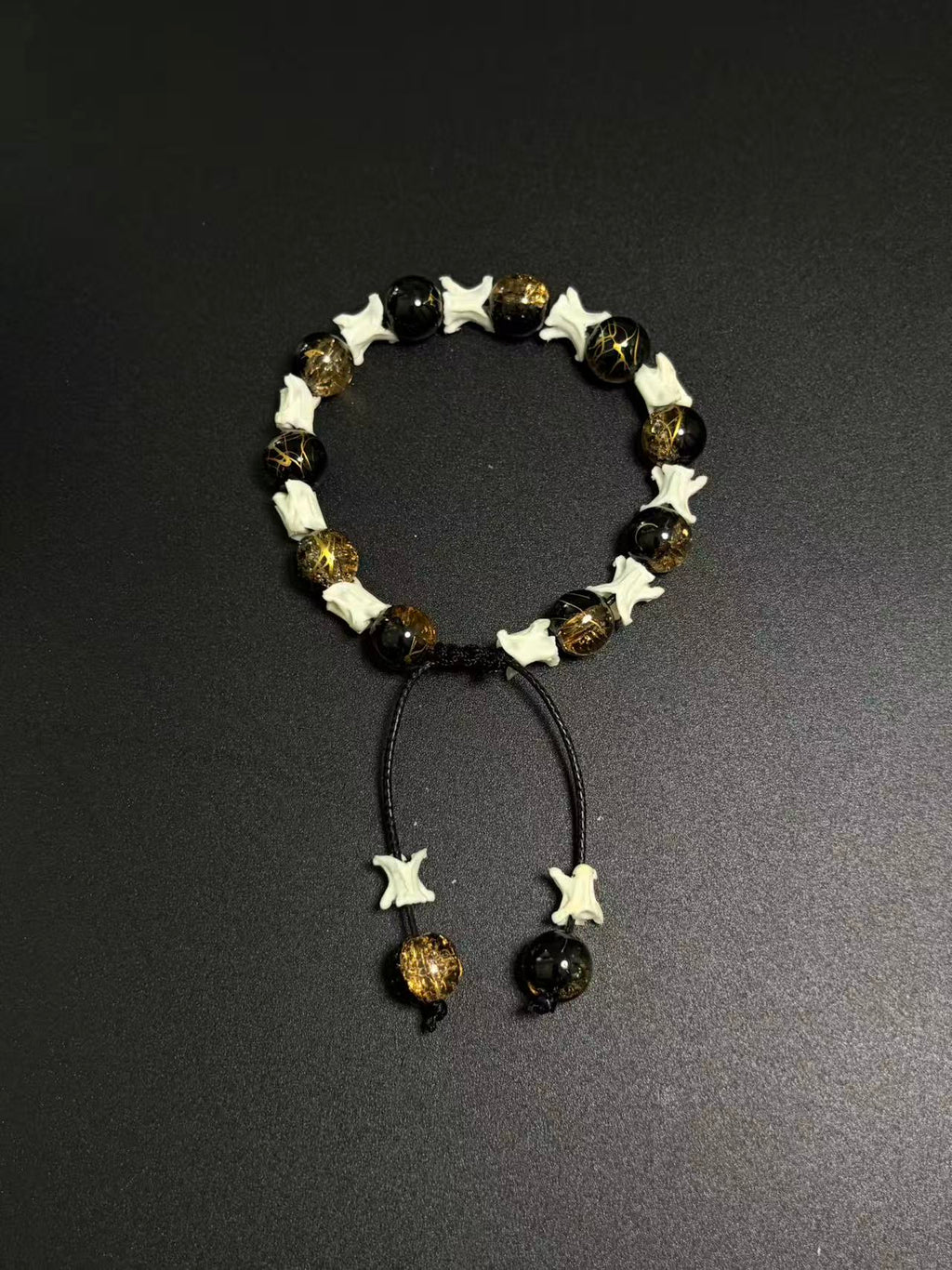 Real Snake Bone Bracelet – Black Onyx & Gold Lightning Lampwork Glass Beads, Vertebrae Spacers | Dark Luxury