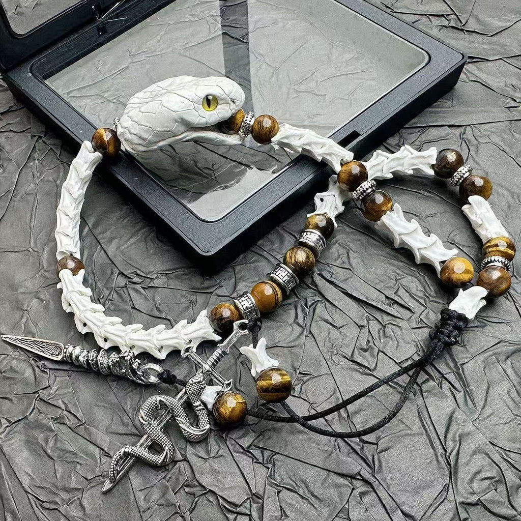 Real Snake Bone Bracelet — Tiger's Eye Beads & Sword Charm | Gothic Tibetan Jewelry
