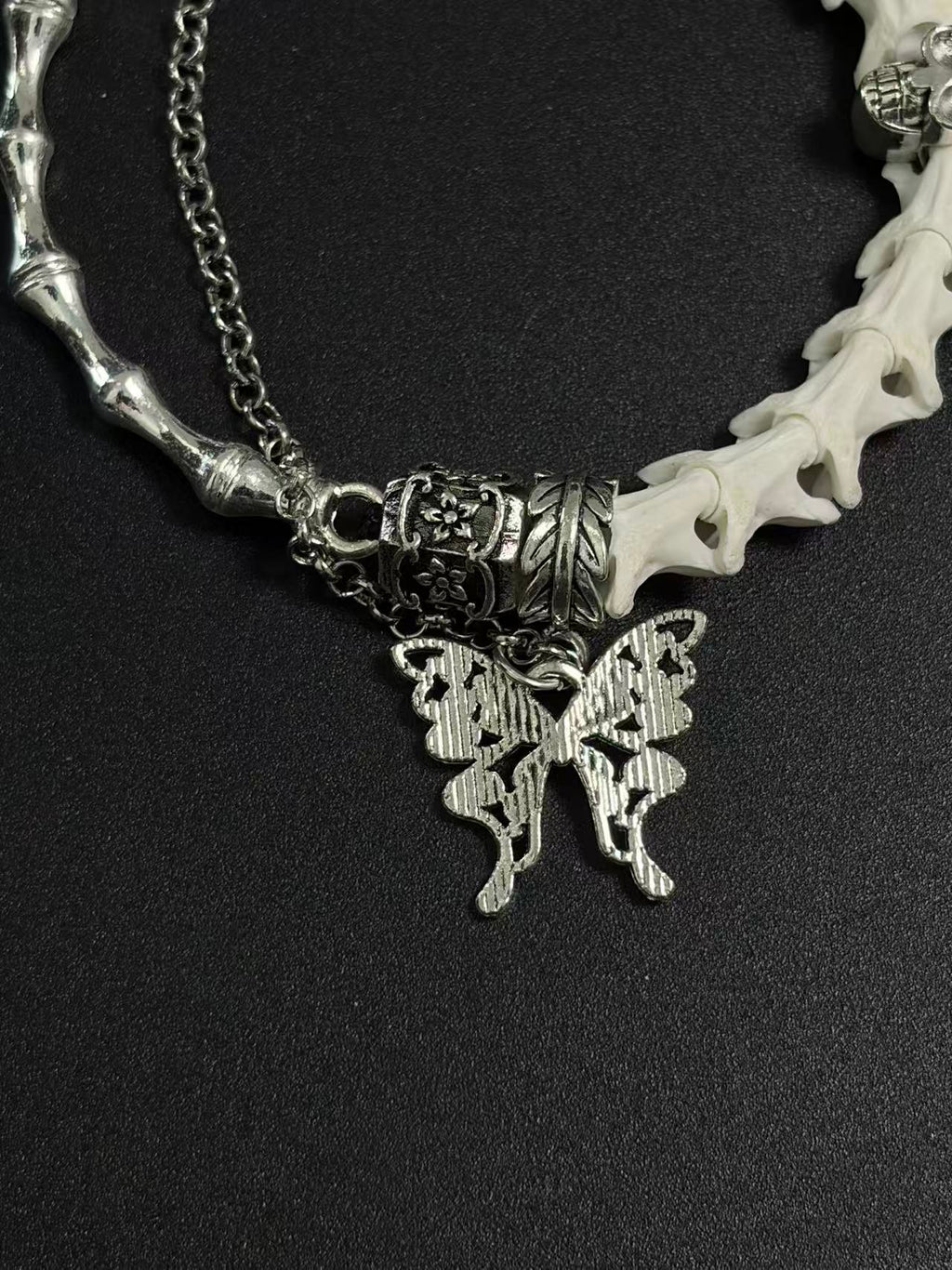 Real Snake Bone Bracelet – Crystal Skull, Silver Butterfly Charm & Bamboo Bone Dual Chain | Gothic Dark Luxury