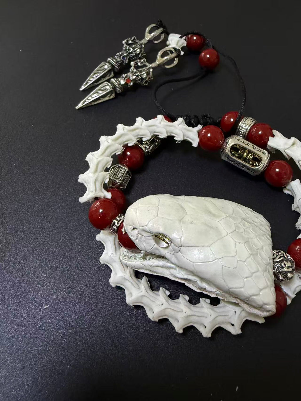 Real Snake Skull & Spine Bracelet – Red Agate, Tibetan Dorje Charms | Gothic Talisman Jewelry