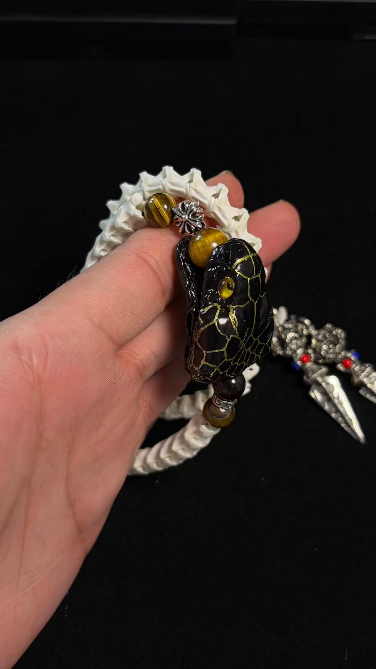 Real Snake Bone Double-Coil Bracelet — Black Serpent King, Tiger's Eye & Tibetan Kīla Charms | Dark Luxury