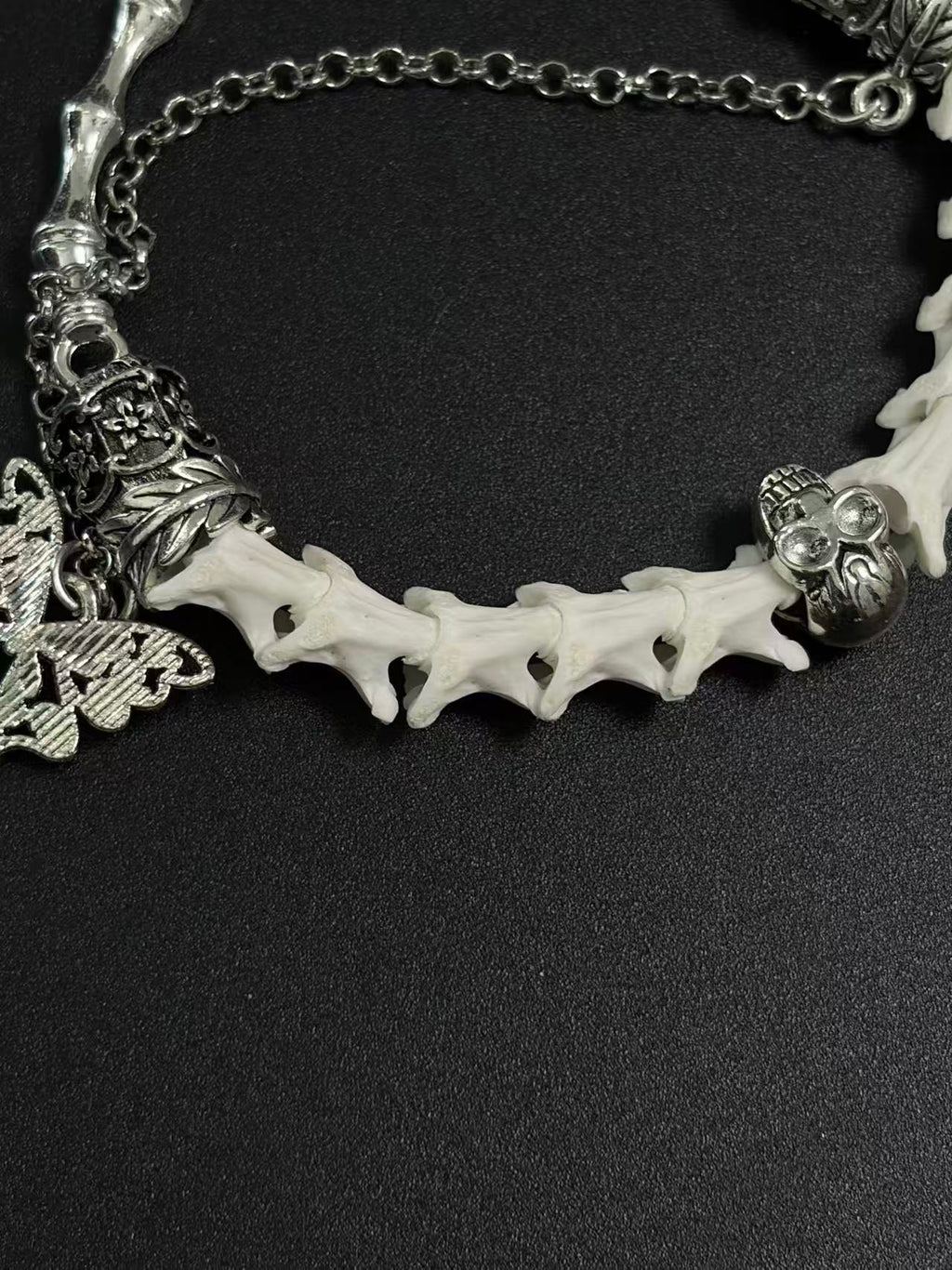 Real Snake Bone Bracelet – Crystal Skull, Silver Butterfly Charm & Bamboo Bone Dual Chain | Gothic Dark Luxury