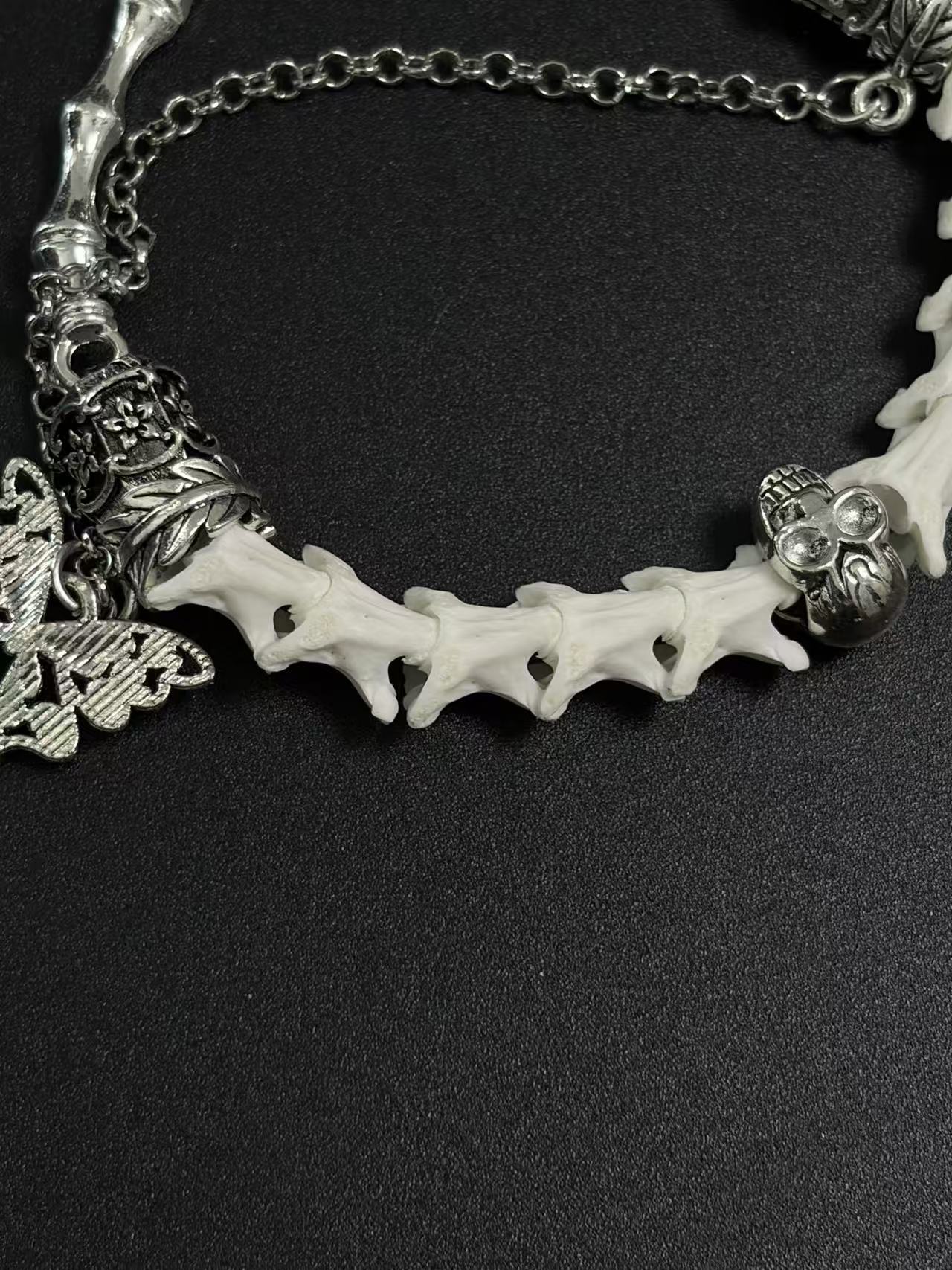Real Snake Bone Bracelet – Crystal Skull, Silver Butterfly Charm & Bamboo Bone Dual Chain | Gothic Dark Luxury