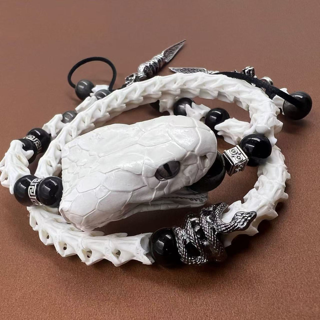 Real Snake Bone Bracelet — Black Obsidian Beads, Realistic Snake Head & Twin Sword Charms | Gothic Jewelry
