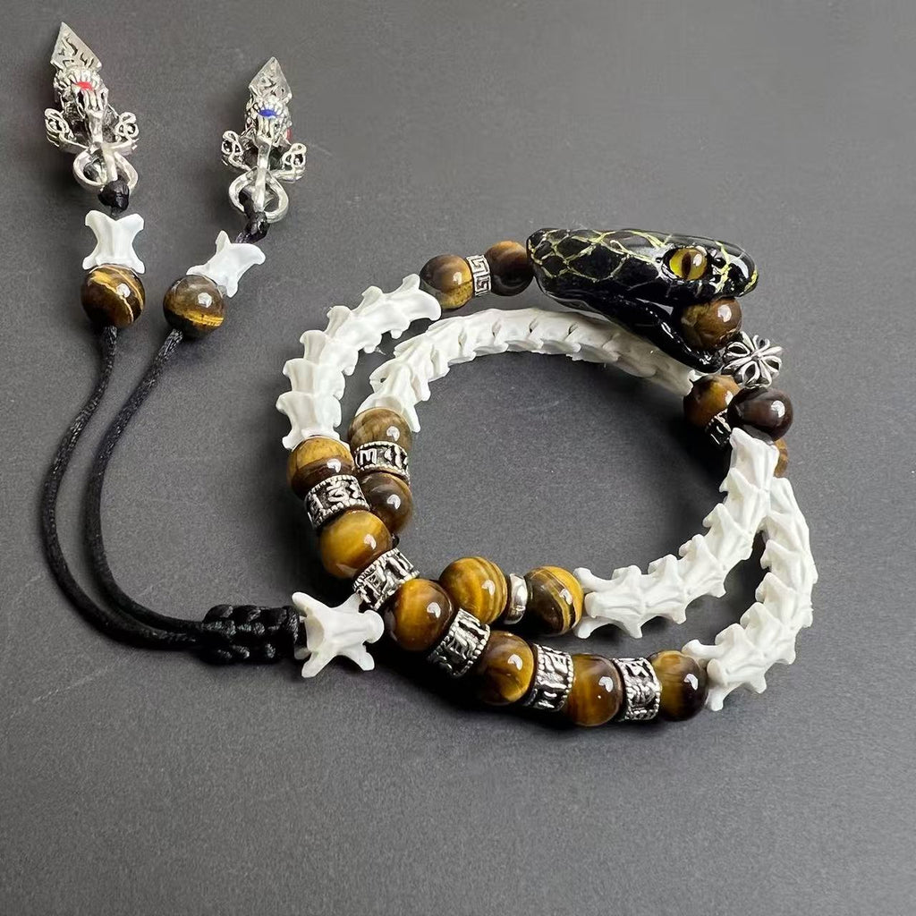 Real Snake Bone Double-Coil Bracelet — Black Serpent King, Tiger's Eye & Tibetan Kīla Charms | Dark Luxury