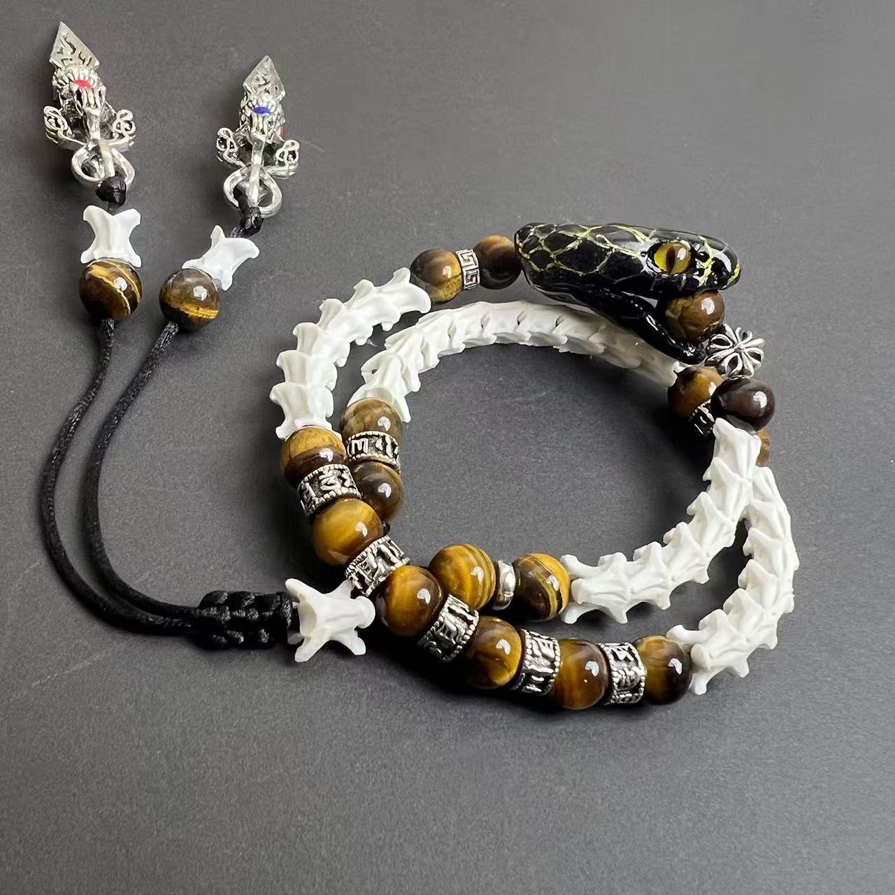 Real Snake Bone Double-Coil Bracelet — Black Serpent King, Tiger's Eye & Tibetan Kīla Charms | Dark Luxury