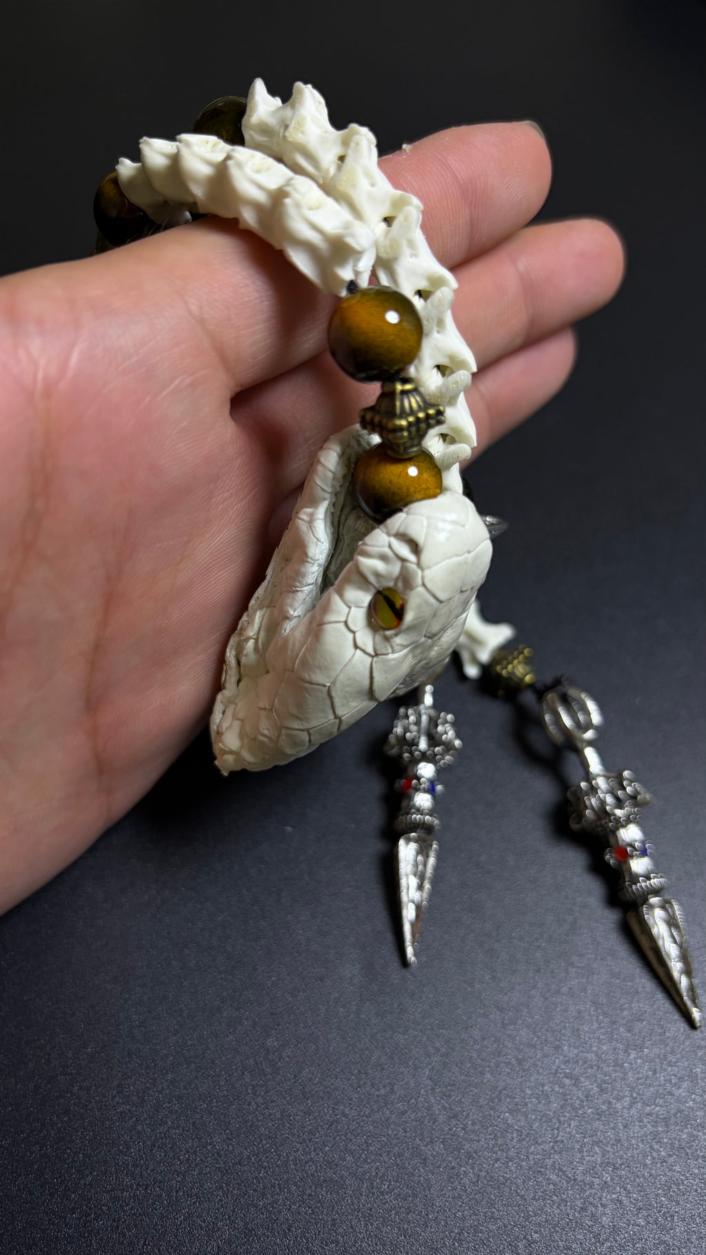 Real Snake Bone Bracelet — Tiger Eye & Tibetan Vajra Charm