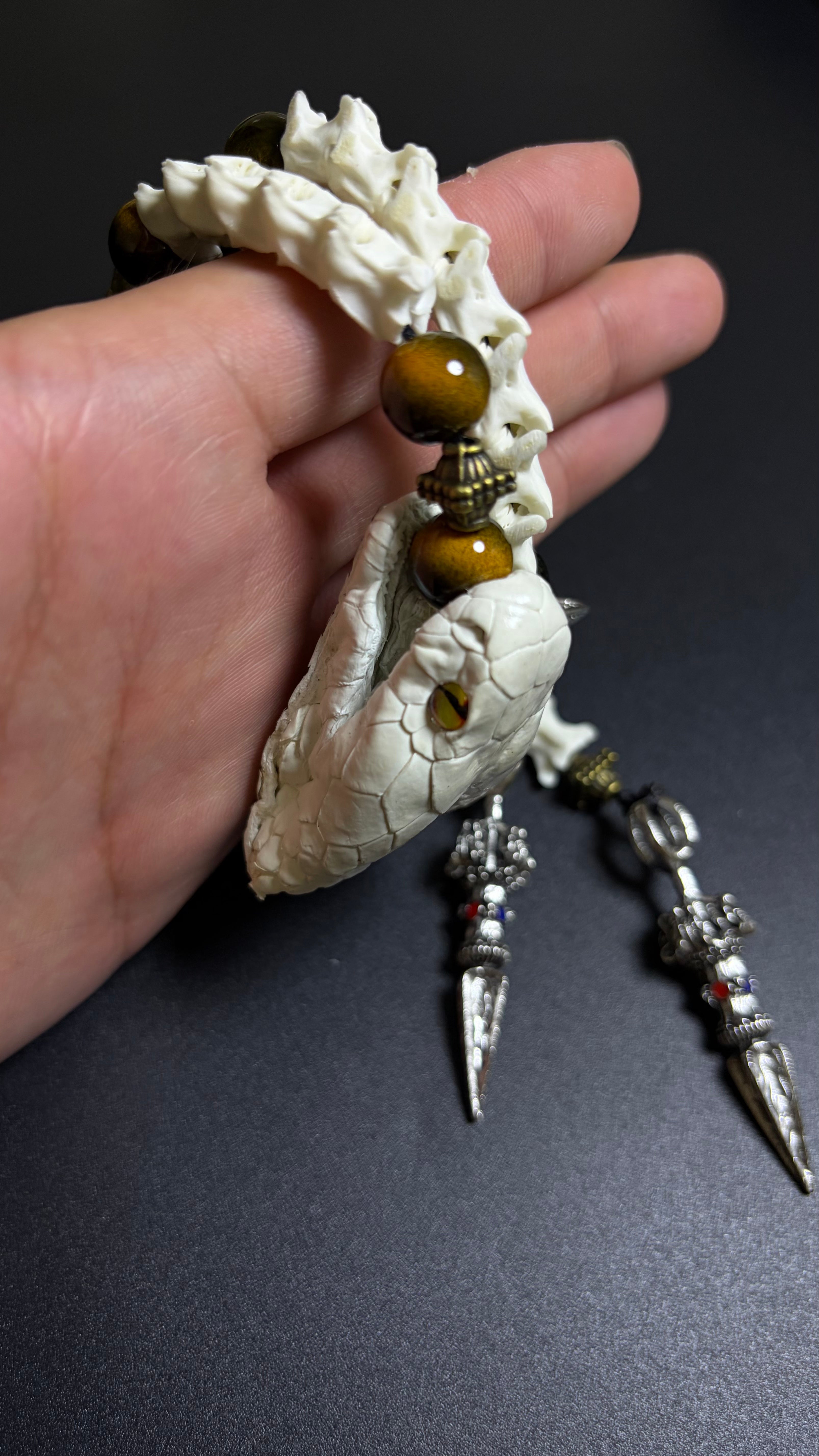 Real Snake Bone Bracelet — Tiger Eye & Tibetan Vajra Charm
