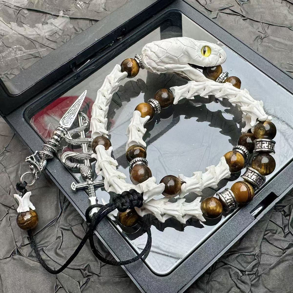 Real Snake Bone Bracelet — Tiger's Eye Beads & Sword Charm | Gothic Tibetan Jewelry