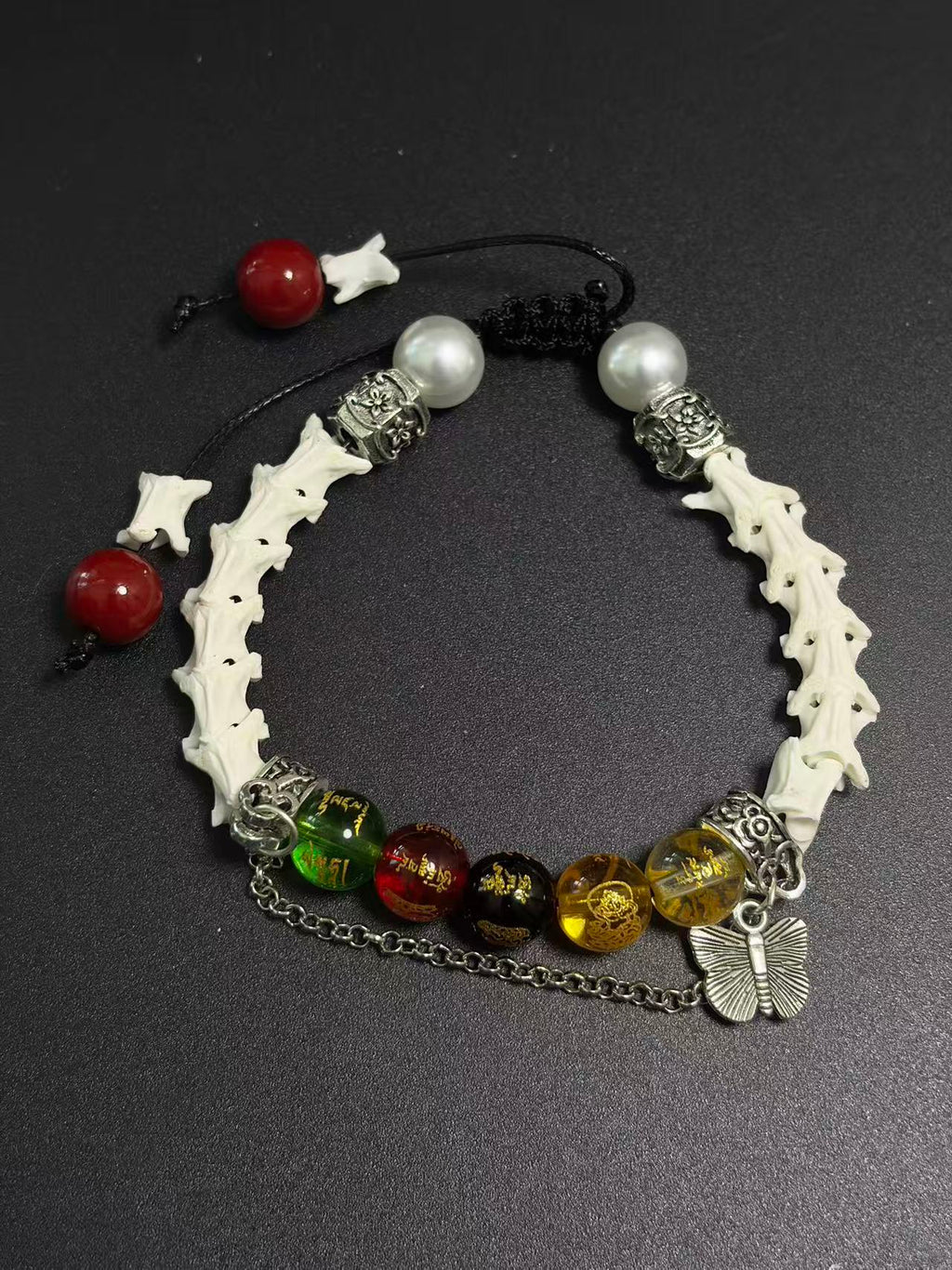 Real Snake Bone Bracelet – Five Wealth Gods Engraved Crystal Beads, Pearl & Silver Butterfly Charm | Tibetan Fortune Jewelry