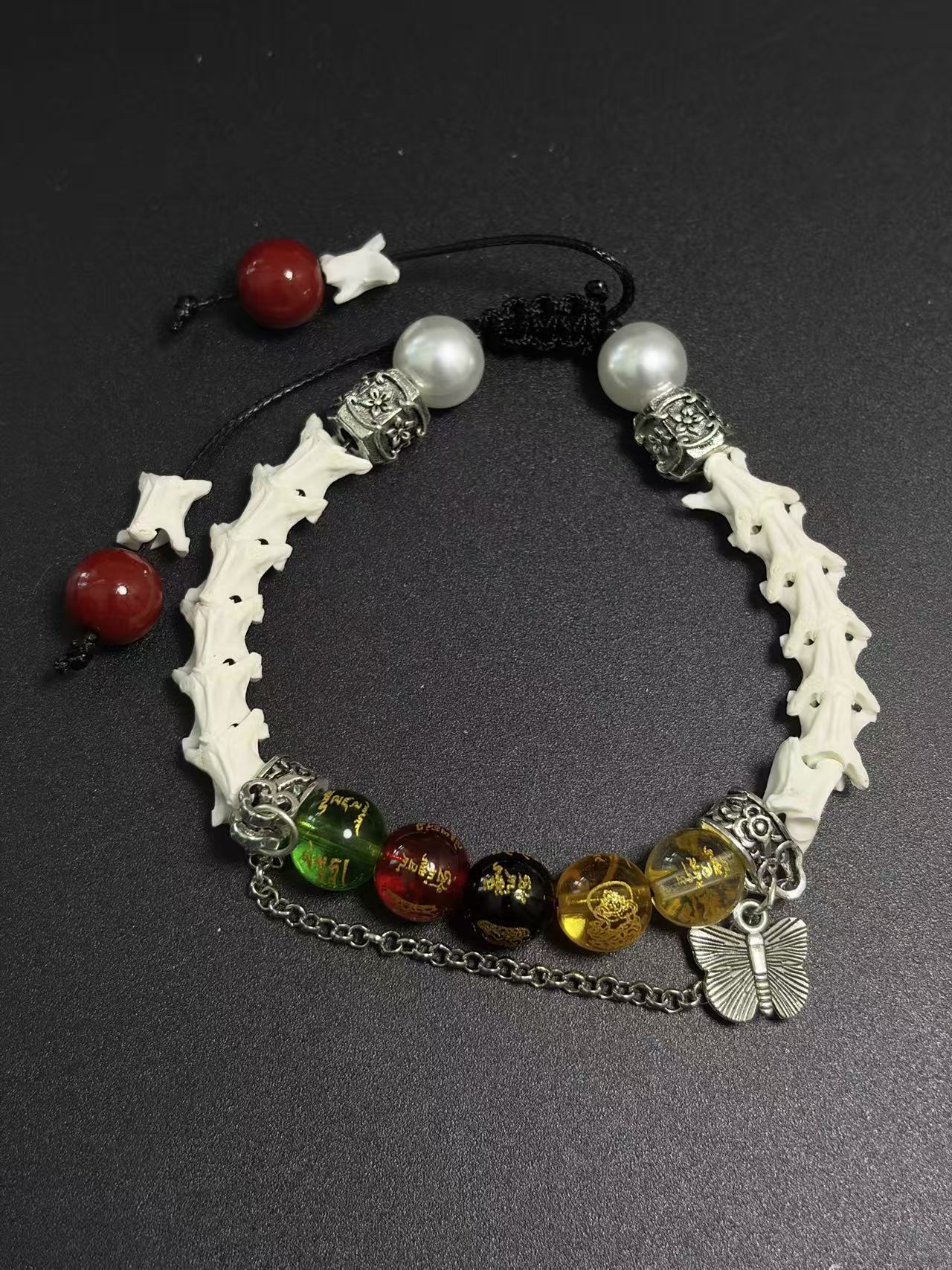 Real Snake Bone Bracelet – Five Wealth Gods Engraved Crystal Beads, Pearl & Silver Butterfly Charm | Tibetan Fortune Jewelry