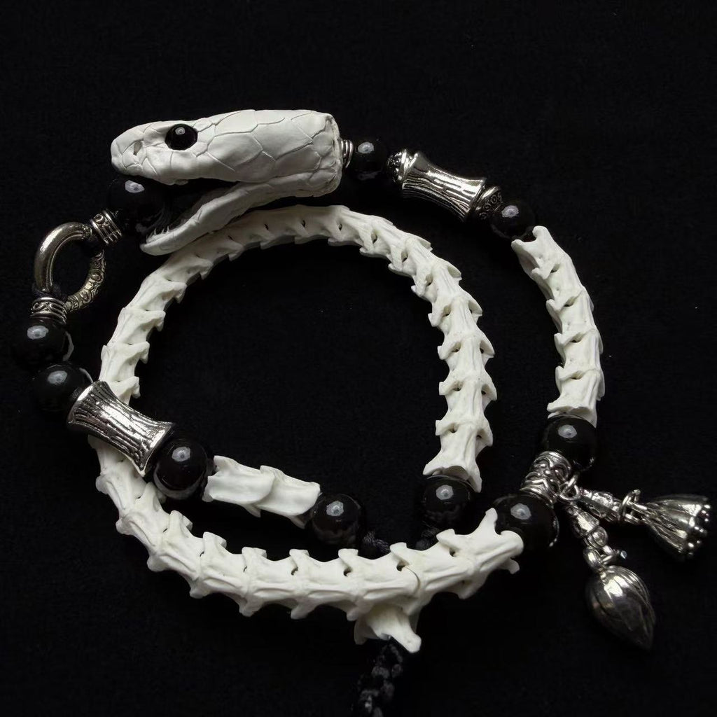 Real Snake Bone Bracelet — Snake Head Clasp & Black Obsidian | Choose Your Charm: Twin Swords or Dark Botanicals