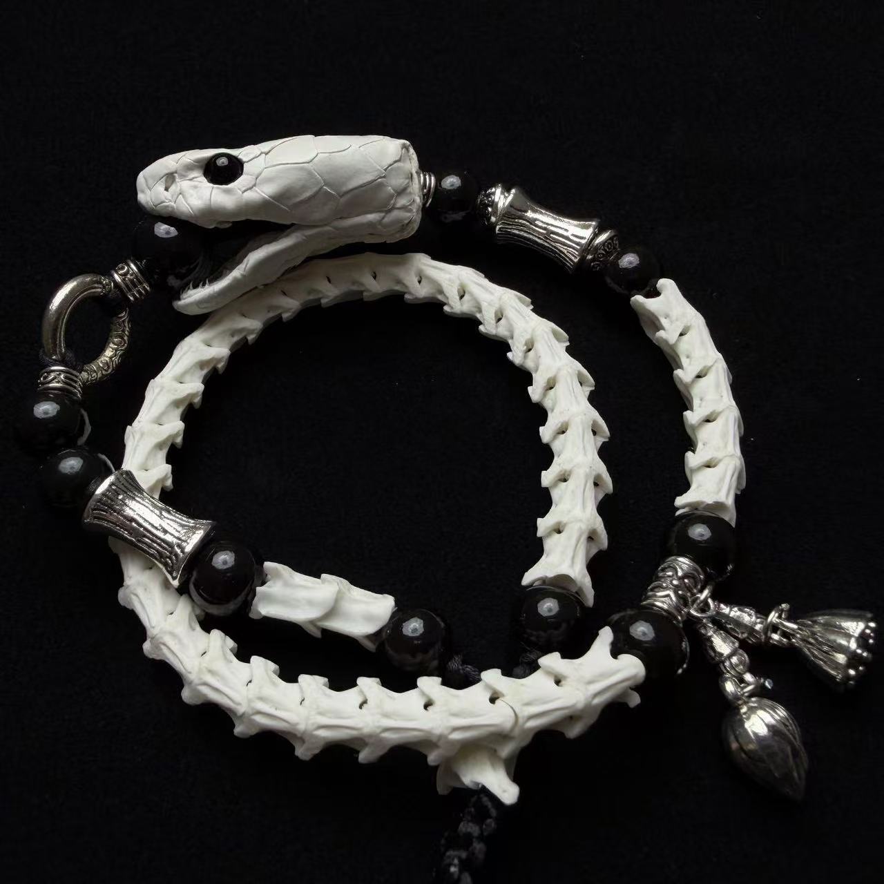Real Snake Bone Bracelet — Snake Head Clasp & Black Obsidian | Choose Your Charm: Twin Swords or Dark Botanicals